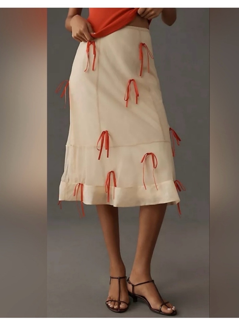 Cream Midi Skirt with red Tie Details
